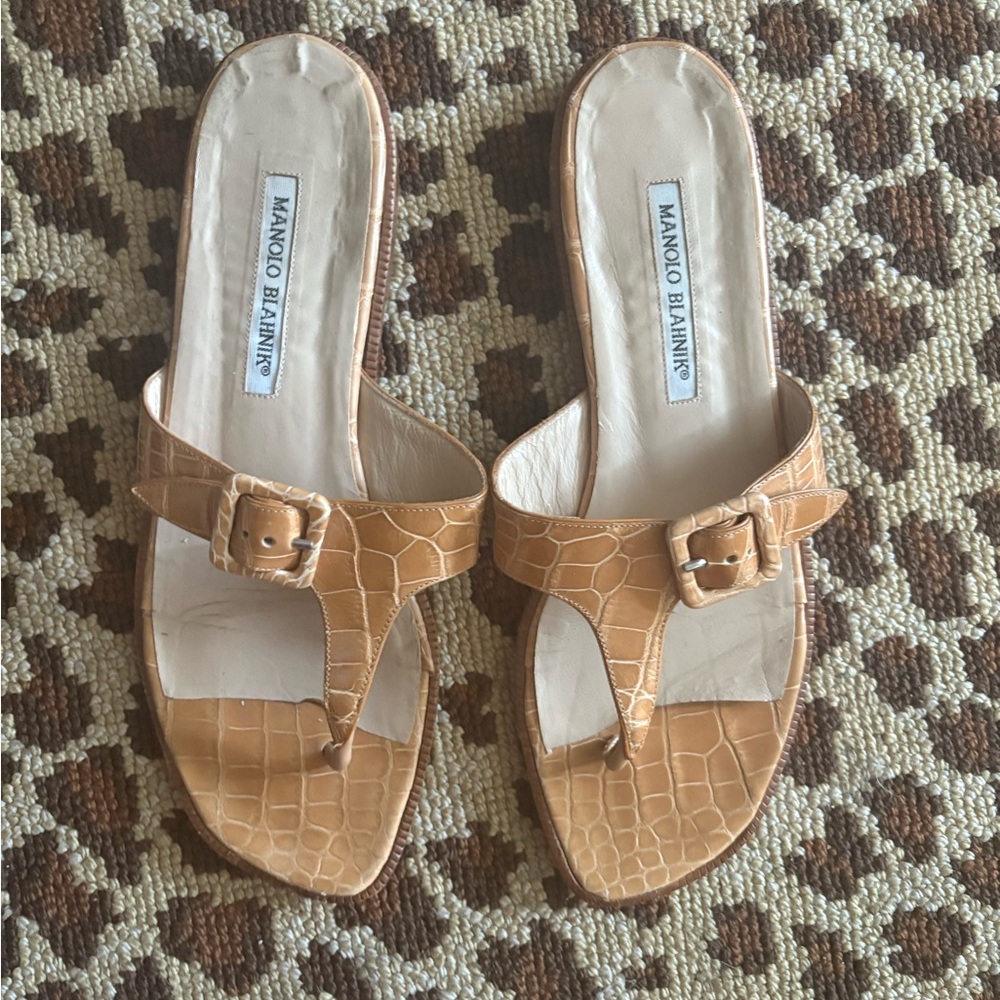 Manolo Blahnik Tan Croc-Embossed Women's Sandals